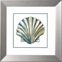 18" Sq Turquoise Scallop Shell Coastal Print in a Siolver Frame Under Glass