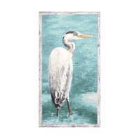 25" x 13" White Egret on an Aqua Water Background 2 Gel Print in a Distressed White Frame