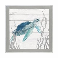 31" Sq Blue Sea Turtle on Slats 2 Gel Textured Print in a Graywash Frame