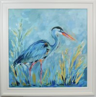 43" Sq Blue Heron on a Blue Background Coastal Gel Textured Print in a White Frame