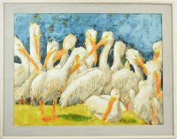 36" x 46" White Pelicans Gel Print in a Graywash Frame