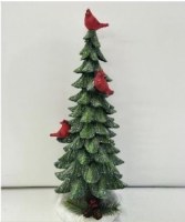 14" Green Polyresin Tree With Cardinals