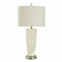 33" Cream and Brown Textured Table Lamp