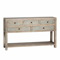 58" White Wash and Distressed Blue Five Drawer Console Table