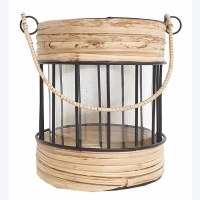 6" Natural and Black Wicker and Metal Lantern