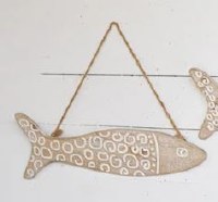 8" x 24" White Wash Wood Circle Fish Wall Plaque