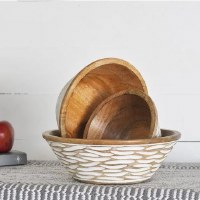 10" White Wash and Brown Wood Notch Bowl