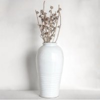 16" White Ceramic Bottom Lines Vase