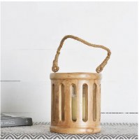 9" Natural Wood Lantern With a Rope Handle