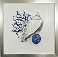 29" Blue Conch Shell and Coral Coastal Gel Textured Print in a Silver Frame