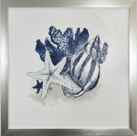 29" Sq Blue Starfish and Coral Coastal Gel Textured Print in a Silver Frame