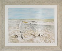 34" x 42" Egret and Sandpipers on the Beach Coastal Gel Textured Print in a Sand Frame