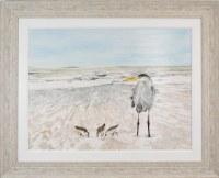 34" x 42" Heron and Sandpipers on the Beach COastal Gel Textured Print in a Sand Frame