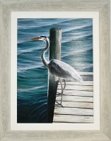 43" x 34" Blue Heron Standing on a Dock Coastal Gel Textured Print in a Gray Wash Frame