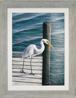 43" x 34" White Egret Standing on a Dock Coastal Gel Textured Print in a Gray Wash Frame