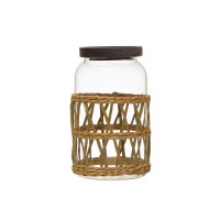 45 Oz Clear Glass Canister With a Wood Lid and Woven Wrap