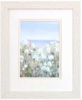11" x 9" White Flowers in a "V" Shape Coastal White Wash Framed Print Under Glass