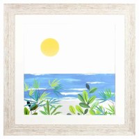 28" Sq Sunny Ocean 1 Coastal White Wash Framed Print Under Glass