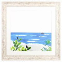 28" Sq Sunny Ocean 2 Coastal White Wash Framed Print Under Glass