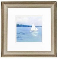13" Sq Sailboat Up Close Distressed Silver Framed Coastal Print Under Glass