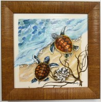 15" Sq Two Brown Sea Turtles Coastal Gel Textured Print in a Brown Frame