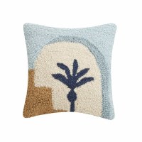 10" Sq Blue Palm Tree and Arch Decorative Hooked Pillow