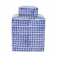 Square Blue and White Ceramic Grid Jar With a Lid