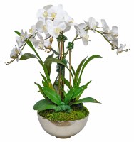 30" Faux Three White Orchids in a Silver Bowl