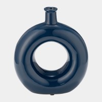 8" Round Dark Blue Ceramic Vase With a Hole