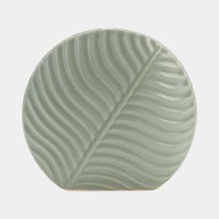7" Green Flat Round Ceramic Leaf Vase