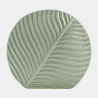 11" Green Flat Round Ceramic Leaf Vase