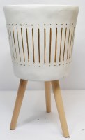 12" White and Gold Lines Three Leg Pot