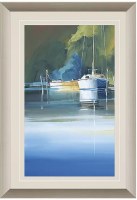 39" x 26" Boats Docked With a Dark Blue and Green Sky Coastal Framed Print Under Glass