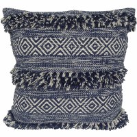 20" Sq Dark Blue Diamond Fringe Stripe Decorative Pillow