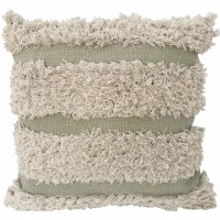 20" Sq Green and Natural Fringe Stripe Decorative Pillow