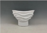 14" Distressed White Grooved Polyresin Footed Bowl