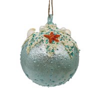 Blue Ball With Sand and Shells Coastal Glass Ornament