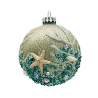 Light Gold Ball With White Coral Coastal Glass Ornament