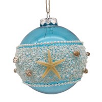 Blue Ball With a Shell Band Coastal Glass Ornament