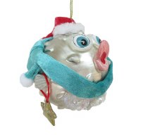 Blowfish Wearing a Red Hat and Blue Scarf Coastal Glass Ornament