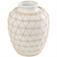 14" White Ceramic Vase Wrapped in Rattan