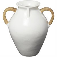 19" White Ceramic Vase With Two Rattan Handles