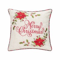 18" Sq "Merry Christmas" Pointsettia Decorative Christmas Pillow