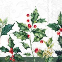 5" Square Green Holly and Red Berries Beverage Napkins