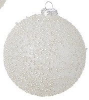 4" White Bead Covered Glass Ball Ornament