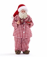 Red and White Santa Wearing Plaid Pajamas