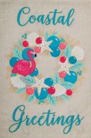 18" x 12" "Coastal Greetings" Flamingo Wreath Mini Garden Flag