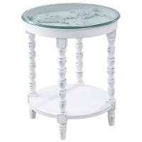 20" Round Distressed White Sea Turtle Glass Top End Table