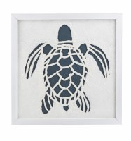 14" Sq Navy and White Paper Sea Turtle in a White Frame Under Glass