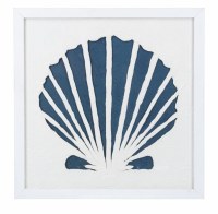 14" Sq Navy and White Paper Scallop Shell in a White Frame Under Glass
